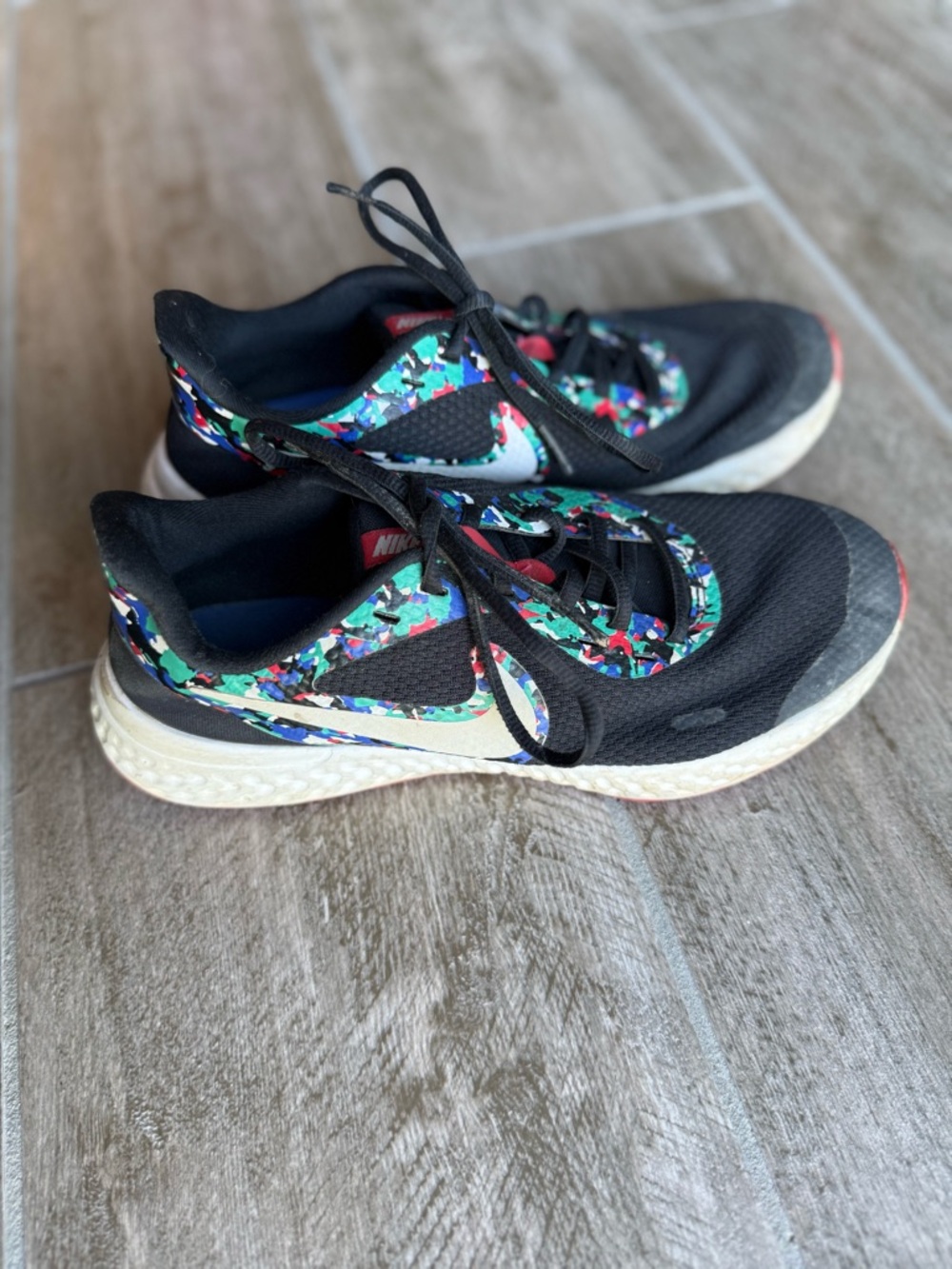 Nike Revolution 5 Black Running Sneakers with Multicolor Swoosh - 7Y/Women’s 8.5